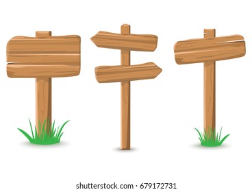Cartoon colored wooden signposts. Vector illustration