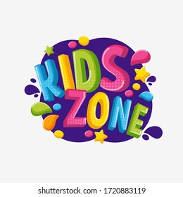 Cartoon colorful 3d logo kids zone isolated on white background. Bright bubble multicolored letters to children playroom or area decorating vector graphic illustration. Inscription of baby playground