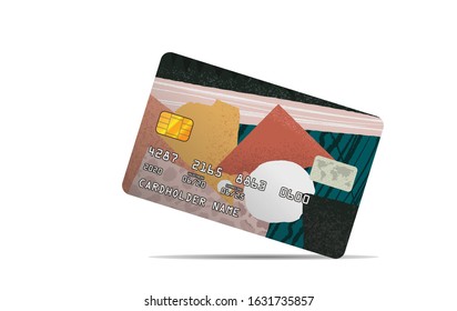 Cartoon colorful abstract print for credit card isolated on white background. Creative collage cute printable creative template with floral elements, grunge texture and leopard pattern, hand draw