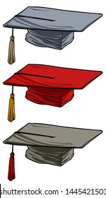 Cartoon colorful academic graduation mortarboard square cap. Isolated on white background. Vector icon set.