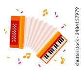 Cartoon colorful accordion with confetti and mesical notes around.