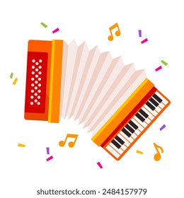 Cartoon colorful accordion with confetti and mesical notes around.