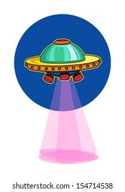 Cartoon colorful alien space ship, with pink beams, vector illustration