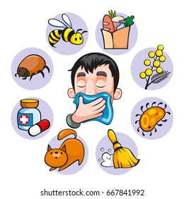 Cartoon colorful allergy set with insect medical food bee plant dust animal allergens isolated vector illustration