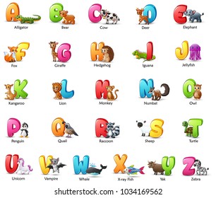 Cartoon Colorful Alphabet Set With Different Animals