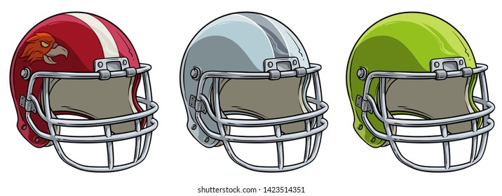 Cartoon Colorful American Football Rugby Protective Sport Helmet With Eagle. Isolated On White Background. Vector Icon Set.