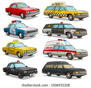 Cartoon colorful american old retro different cars. Muscle car and taxi. Police and FBI. Ambulance emergency long car. Isolated on white background. Vector icon set.