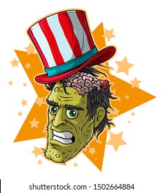 Cartoon colorful angry funny green dead zombie monster boy character with brains in traditional american hat. Isolated on white background with stars. Halloween vector icon.