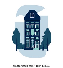 Cartoon colorful architecture Amsterdam, classic building facade in flat style. Tall house with trees, bush, clouds, lantern. Banner of composition urban landscape closeup Isolated vector illustration