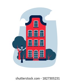 Cartoon colorful architecture Amsterdam. House with tree, bush, clouds, lantern. Exterior classic building facade in flat style. Composition town closeup, landscape banner Isolated vector illustration