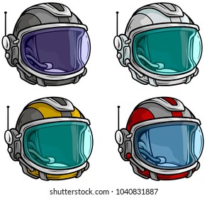 Cartoon Colorful Astronaut Space Protective Helmet With Clear Glass Visor. Isolated On White Background. Vector Icon Set.