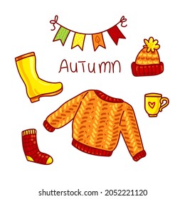 Cartoon colorful autumn stuff set. Bundle - cozy sweater, warm socks, rubber boots, hat, cup and festival flags for kids. Vector illustration, elements isolated on white background for you design.