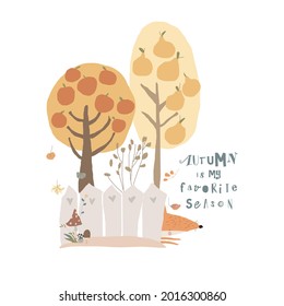 Cartoon Colorful Autumn Trees with Little Fox