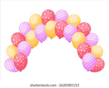 Cartoon colorful balloon arch, party decoration vector illustration. Glossy helium balloon garland, wedding celebration decor with stars, dots, stripes pattern. Birthday element isolated