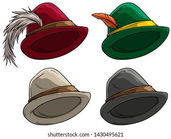 Cartoon colorful bavarian traditional hat with feather. Oktoberfest accessory. Isolated on white background. Vector icon set.