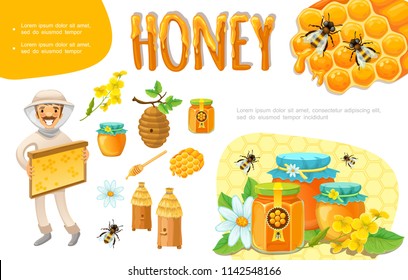 Cartoon colorful beekeeping elements set with beekeeper honeycomb bee flowers hive beeswax jars of organic honey vector illustration