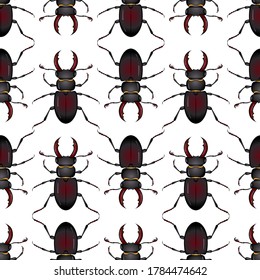 Cartoon colorful beetle deer pattern isolated on white background. Seamless pattern. Vector illustration in hand drawn style. Texture for print, banner, textile, wrapping paper
