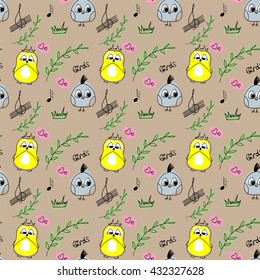 Cartoon colorful bird branches and notes pattern