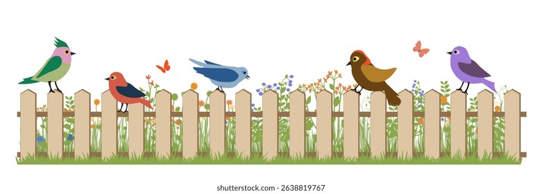 Cartoon colorful birds on a garden fence. Vector illustration.