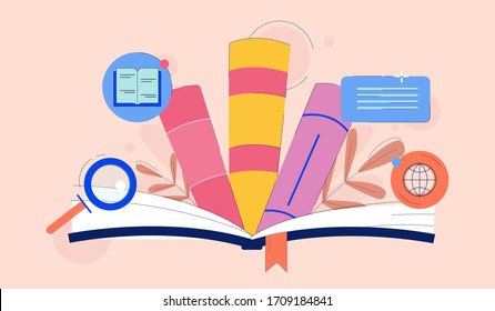 Cartoon colorful books knowledge base vector flat illustration. Abstract creative education information research infographic isolated on white background. Process of teaching and knowledge