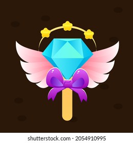 Cartoon Colorful Bright  Blue Diamond With Purple Bow Popup Lollipop Magic Wand Stars Halo With Wings Badge Icon For Games Game UI  Vector Design