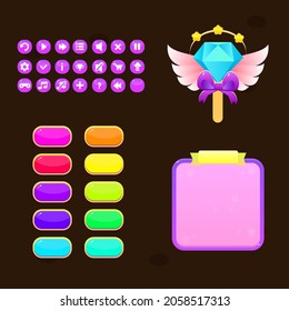 Cartoon Colorful Bright  Game Purple Buttons And Popup Oval Buttons In Different Colors Magic Wand Blue Diamond With Wings GUI Cute Vector Design