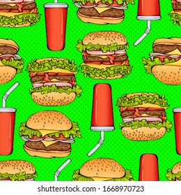 Cartoon colorful bright hamburgers and cola on green background seamless pattern. Vector illustration in pop art style texture for fast food restaurant or cafe menu banner, textile, wrapping paper