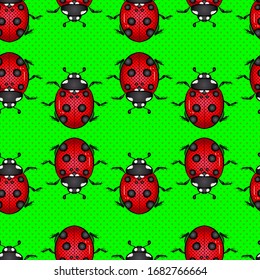 Cartoon colorful bright ladybug beetle on a green background. Seamless pattern. Vector illustration in pop art style. Texture for print, banner, textile, wrapping paper