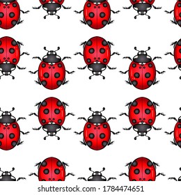 Cartoon colorful bright ladybug beetle isolated on white background. Seamless pattern. Vector illustration in hand drawn style. Texture for print, banner, textile, wrapping paper