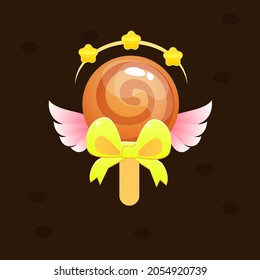 Cartoon Colorful Bright Orange Swirl Ball Bubble Yellow Bow Popup Lollipop Magic Wand Stars Halo With Wings Badge Icon For Games Game UI  Vector Design