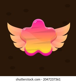 Cartoon Colorful Bright  Pink Star With Wings Badge Icon For Games Game UI Zebra Or Wooden Pattern Vector Design