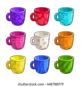 Cartoon colorful bright tea cup icons set, isolated coffee cups on white