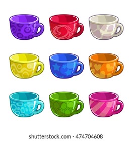 Cartoon colorful bright tea cup icons set, isolated coffee cups on white