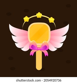 Cartoon Colorful Bright Yellow Frame Pink Bow Popup Lollipop Magic Wand Stars Halo With Wings Badge Icon For Games Game UI  Vector Design