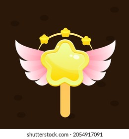 Cartoon Colorful Bright  Yellow Golden Juicy Star Popup Lollipop Magic Wand Stars Halo With Wings Badge Icon For Games Game UI  Vector Design