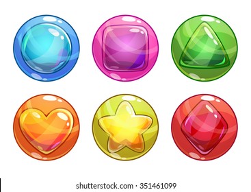 Cartoon colorful bubbles with different shapes inside, isolated on white