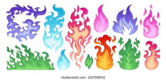 Caricatura de coloridas llamas ardientes. Fireballs y hogueras, llamas coloreadas por incendios, llamas de fuego esparcen ilustración vectorial plana sobre fondo blanco