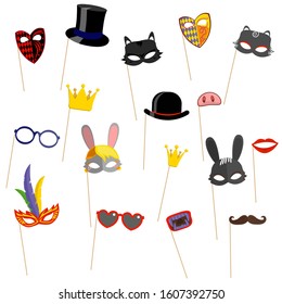 Cartoon colorful carnival or venetian face mask on stick with feathers
