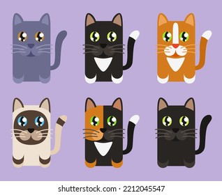 Cartoon colorful cat set isolated on lavender background Domestic animal collection. Pet themed vector illustration for icon, stamp, label, badge, sticker or gift card