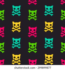 cartoon colorful cat skull seamless vector pattern illustration