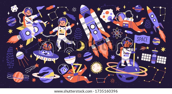 Cartoon colorful characters astronaut, asteroid,\
comet and space object set vector flat illustration. Collection of\
people and animals cosmonaut on rocket, ufo, planets and stars\
isolated on black