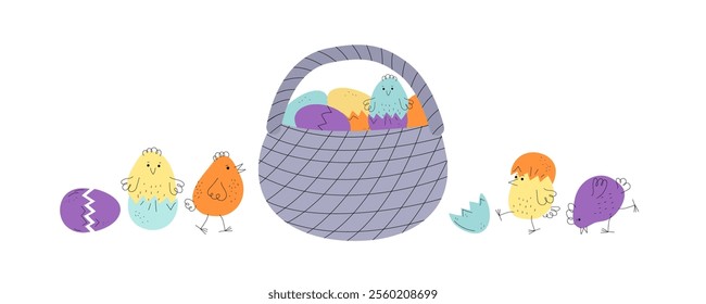 Cartoon colorful chickens, animals, poultry. Set of little chicks, painted eggs in a basket. Hand drawn doodle line icons. Easter design. Vector illustration, isolated background.