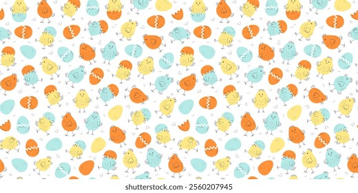 Cartoon colorful chickens, repeating background, pattern. Animals, poultry. Set of little chickens, painted eggs. Hand drawn doodle linear icons. Easter design, seamless texture.