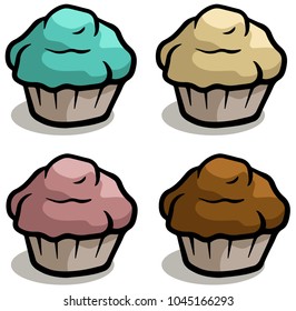 Cartoon colorful chocolate cake muffin isolated on white background. Vector icon set.