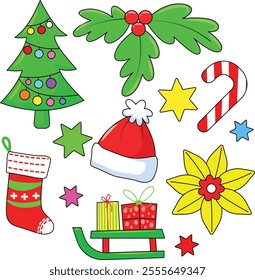 Cartoon colorful Christmas element. Christmas clipart ornaments and new year element. Collection of Christmas element for gifts and Wreath, bells, gift box.