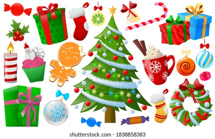 Cartoon colorful Christmas element. Christmas objects isolated on white, christmas tree, santa, gifts, toys, ball, candel, sweet. Christmas and New Year elements for decor. Vector illustration