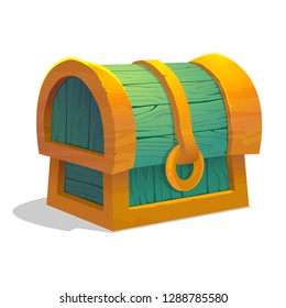 Cartoon colorful closed treasure chest for game interface. Wooden chest on white background. Locked dower chest. Vector illustration