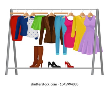 Cartoon colorful clothes on hangers. Fashion concept.