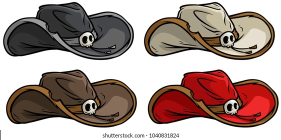 Cartoon colorful cowboy old rerto hat with skull. Vector icon set.