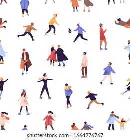 Cartoon colorful crowd of active people skating on rink seamless pattern. Different man, woman, couples and families with child on ice skates isolated on white background. Winter outdoor activity